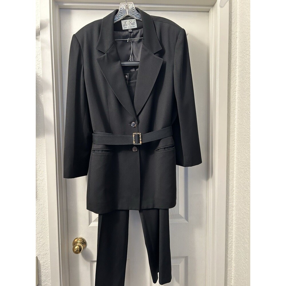 Le Suit Collections 2 Pc Career Business Black Belted Blazer Pant Suit Sz 18
